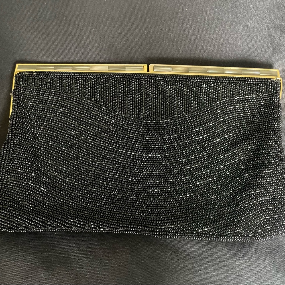 Vintage Walborg Black Beaded Clutch with Mother of Pearl Inlay Made in Japan